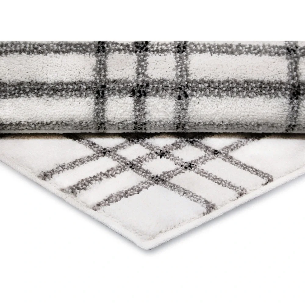 My Texas House Finley 2x5.6 White Grey Farmhouse Plaid Indoor Runner Rug